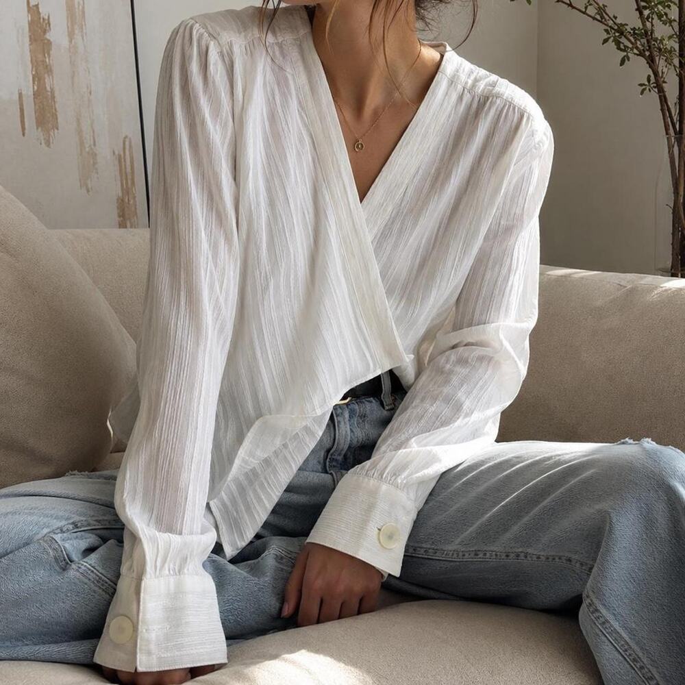 Robert Rodriguez White Textured Wrap Blouse M Oversized Cuffs Designer